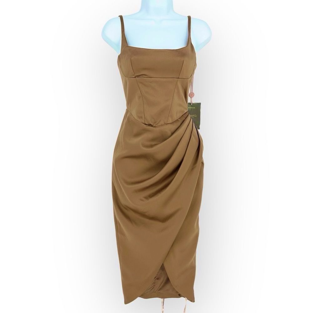 HOUSE OF CB NWT BIANCA MOCHA SATIN CORSET MIDI DRESS MOCHA BROWN SIZE XS - Picture 2 of 15